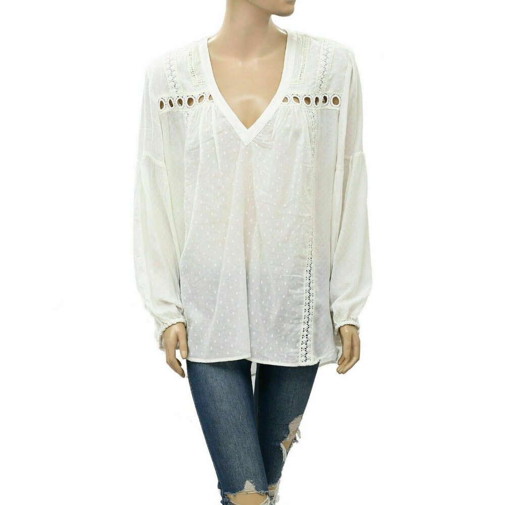 Anthropologie White V-Neck Lace Trim Peasant Tunic